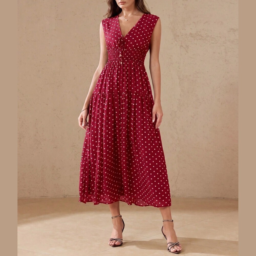 Burgundy Polka Dot Tiered Maxi Dress With V-Neck Tie
